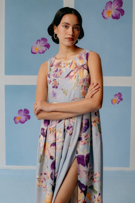 Buy_Uri By Mrunalini Rao_Blue Cotton Beads, Pearls Round Neck Floral Embroidered Box Pleated Midi Dress _Online_at_Aza_Fashions