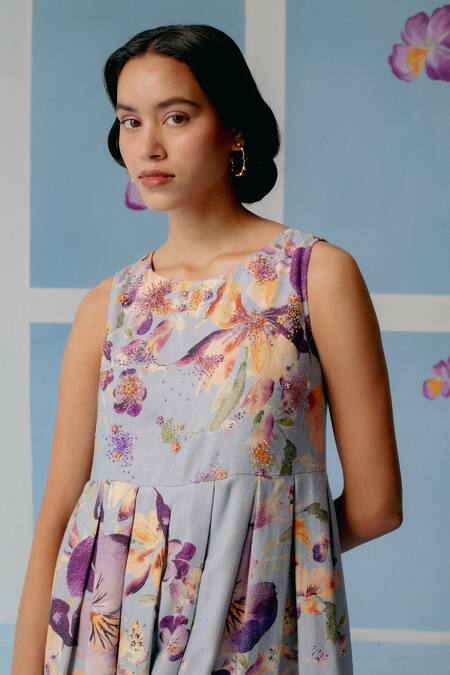 Shop_Uri By Mrunalini Rao_Blue Cotton Beads, Pearls Round Neck Floral Embroidered Box Pleated Midi Dress _Online_at_Aza_Fashions