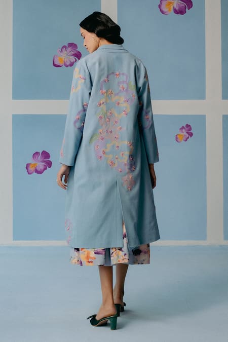 Uri By Mrunalini Rao Powder Blue Floral Embroidered Trench Coat 