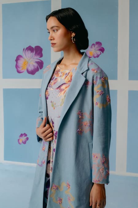 Uri By Mrunalini Rao_Blue Cotton Embroidery Powder Floral Trench Coat _Online_at_Aza_Fashions