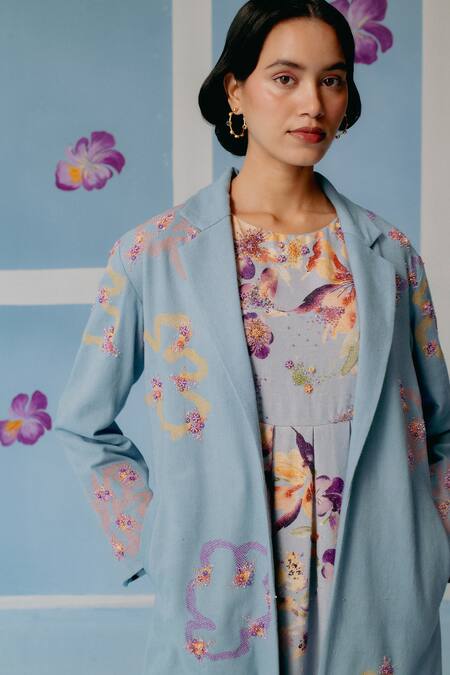 Buy_Uri By Mrunalini Rao_Blue Cotton Embroidery Powder Floral Trench Coat _Online_at_Aza_Fashions
