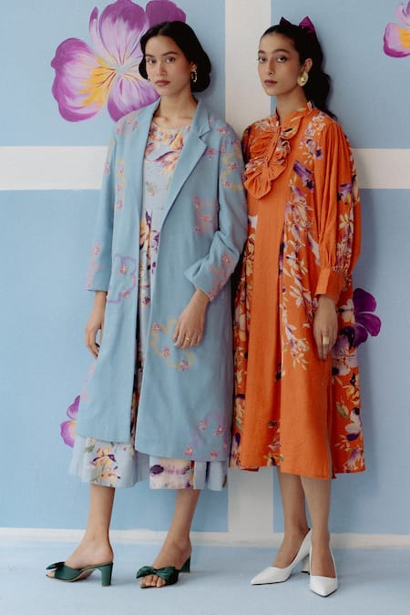 Shop_Uri By Mrunalini Rao_Blue Cotton Embroidery Powder Floral Trench Coat _Online_at_Aza_Fashions