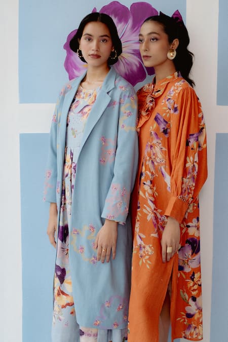 Uri By Mrunalini Rao_Blue Cotton Embroidery Powder Floral Trench Coat _at_Aza_Fashions
