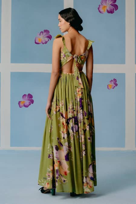 Uri By Mrunalini Rao Floral Print Gathered Maxi Dress 