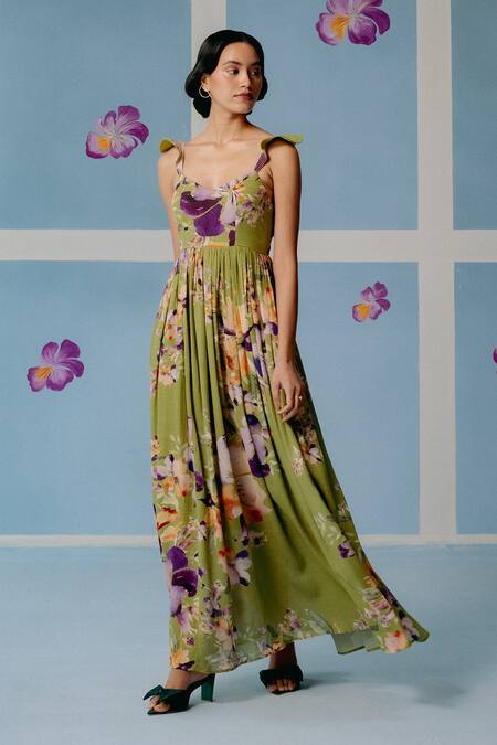 Uri By Mrunalini Rao_Green Cotton V-neck Floral Print Gathered Maxi Dress _Online_at_Aza_Fashions