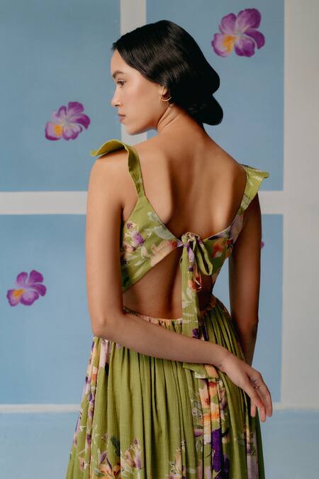 Shop_Uri By Mrunalini Rao_Green Cotton V-neck Floral Print Gathered Maxi Dress _Online_at_Aza_Fashions