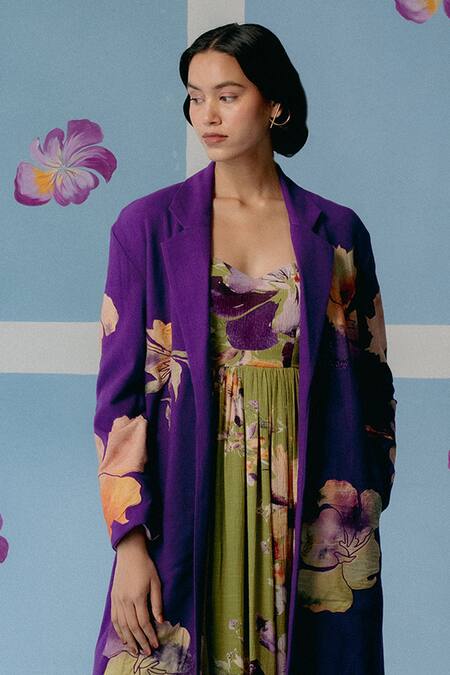 Uri By Mrunalini Rao_Purple Cotton Applique Floral Trench Coat _Online_at_Aza_Fashions