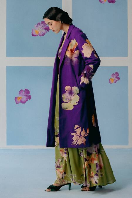 Buy_Uri By Mrunalini Rao_Purple Cotton Applique Floral Trench Coat _Online_at_Aza_Fashions