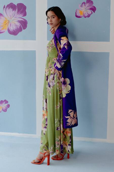 Shop_Uri By Mrunalini Rao_Purple Cotton Applique Floral Trench Coat _Online_at_Aza_Fashions