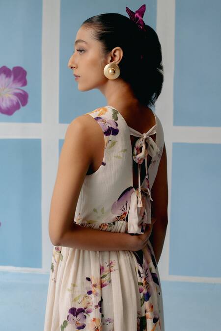 Buy Uri By Mrunalini Rao Off White Cotton Embroidery Round Neck Floral Print Gathered Midi Dress Online at Aza Fashions Buy_Uri By Mrunalini Rao_Off White Cotton Embroidery Round Neck Floral Print Gathered Midi Dress _Online_at_Aza_Fashions