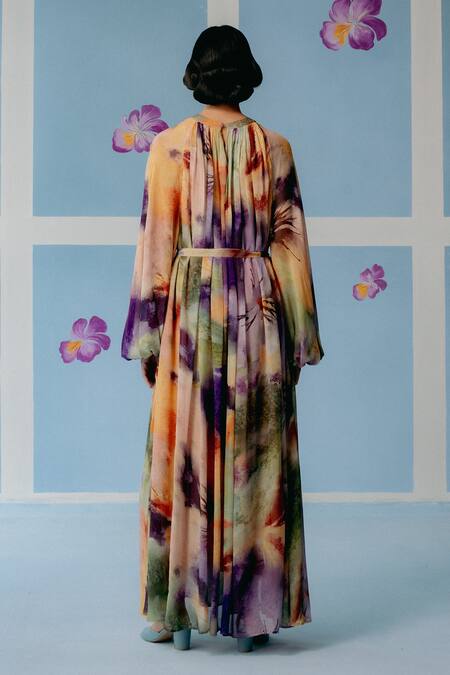 Shop Uri By Mrunalini Rao Multi Color Cotton High Neck Abstract Print Maxi Dress at Aza Fashions Shop_Uri By Mrunalini Rao_Multi Color Cotton High Neck Abstract Print Maxi Dress_at_Aza_Fashions