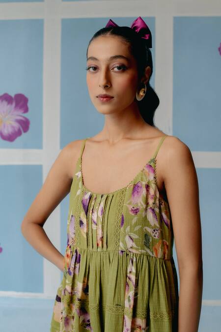 Buy_Uri By Mrunalini Rao_Green Cotton Embroidery Scoop Neck Olive Floral Print Tiered Dress _Online_at_Aza_Fashions