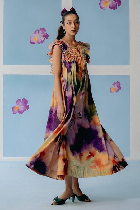Uri By Mrunalini Rao Multi Color Cotton Round Neck Abstract Print Maxi Dress Online at Aza Fashions Uri By Mrunalini Rao_Multi Color Cotton Round Neck Abstract Print Maxi Dress_Online_at_Aza_Fashions