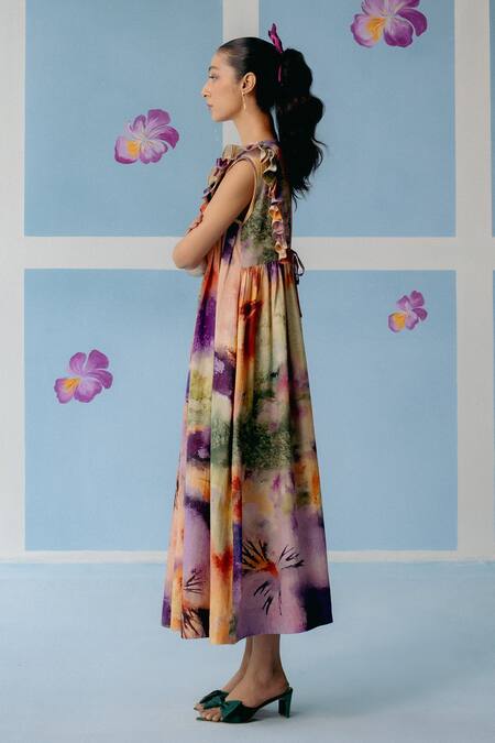 Buy Uri By Mrunalini Rao Multi Color Cotton Round Neck Abstract Print Maxi Dress Online at Aza Fashions Buy_Uri By Mrunalini Rao_Multi Color Cotton Round Neck Abstract Print Maxi Dress_Online_at_Aza_Fashions