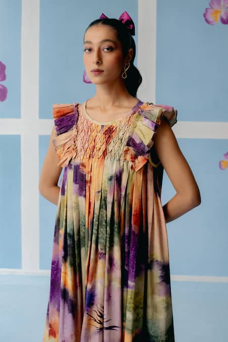 Shop Uri By Mrunalini Rao Multi Color Cotton Round Neck Abstract Print Maxi Dress Online at Aza Fashions Shop_Uri By Mrunalini Rao_Multi Color Cotton Round Neck Abstract Print Maxi Dress_Online_at_Aza_Fashions