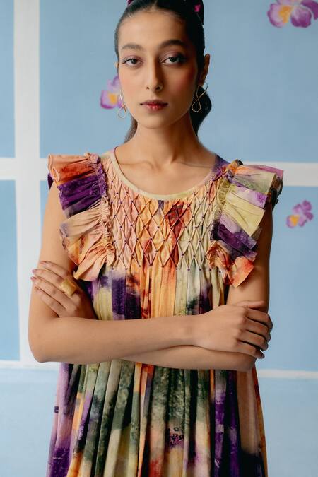 Uri By Mrunalini Rao Multi Color Cotton Round Neck Abstract Print Maxi Dress at Aza Fashions Uri By Mrunalini Rao_Multi Color Cotton Round Neck Abstract Print Maxi Dress_at_Aza_Fashions