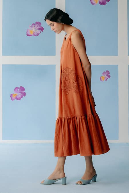 Uri By Mrunalini Rao_Orange Cotton Beads, Patchwork Round Neck Floral Lace Midi Dress _Online_at_Aza_Fashions