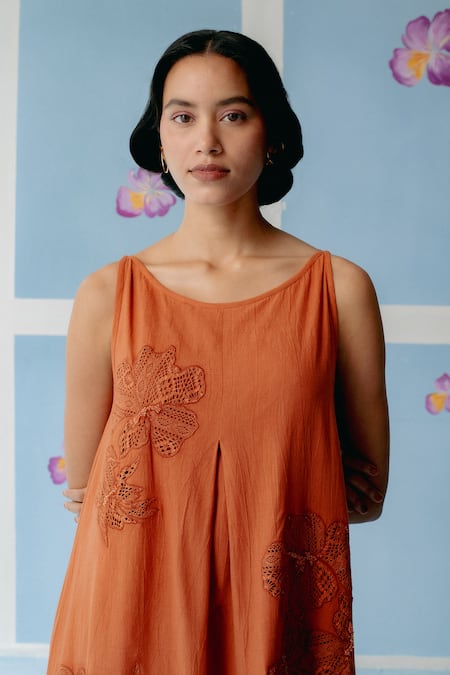 Buy_Uri By Mrunalini Rao_Orange Cotton Beads, Patchwork Round Neck Floral Lace Midi Dress _Online_at_Aza_Fashions