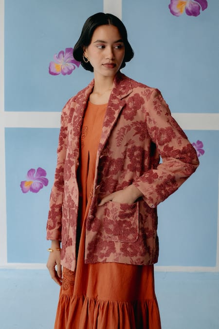 Uri By Mrunalini Rao_Brown Cotton Embroidery Collared Floral Textured Jacket _Online_at_Aza_Fashions