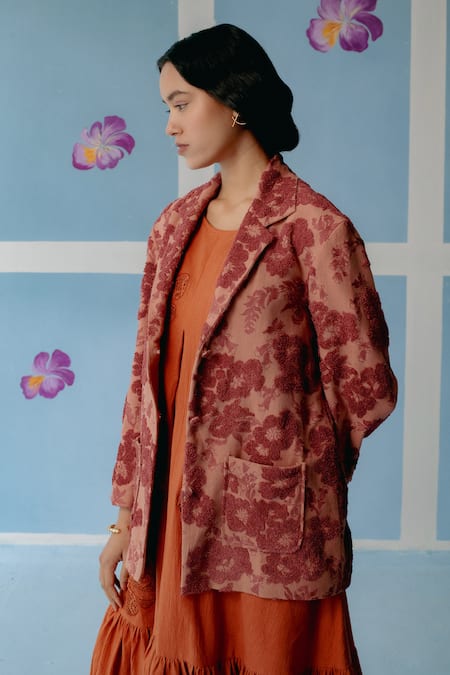 Buy_Uri By Mrunalini Rao_Brown Cotton Embroidery Collared Floral Textured Jacket _Online_at_Aza_Fashions