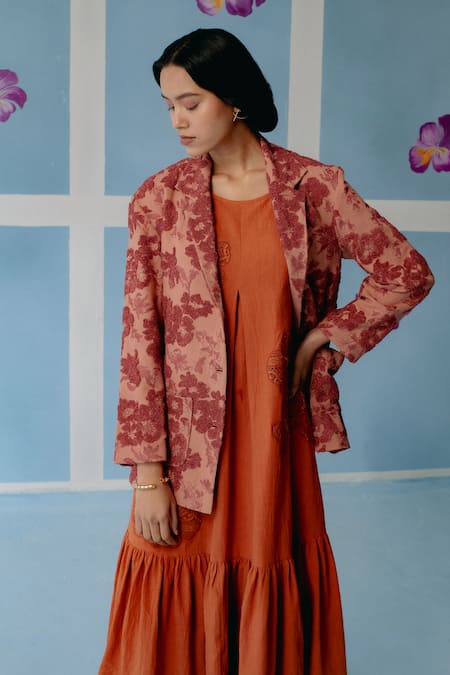 Shop_Uri By Mrunalini Rao_Brown Cotton Embroidery Collared Floral Textured Jacket _Online_at_Aza_Fashions