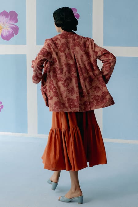Uri By Mrunalini Rao_Brown Cotton Embroidery Collared Floral Textured Jacket _at_Aza_Fashions