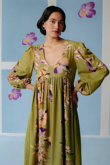 Buy_Uri By Mrunalini Rao_Green Cotton Open Neck Botanical Printed Gathered Dress _Online_at_Aza_Fashions