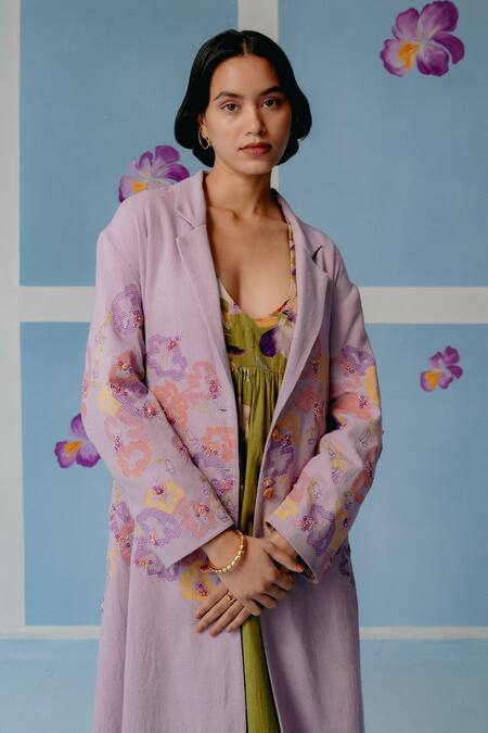 Uri By Mrunalini Rao_Purple Cotton Sequins, Beads, Embroidery Floral Trench Coat _Online_at_Aza_Fashions