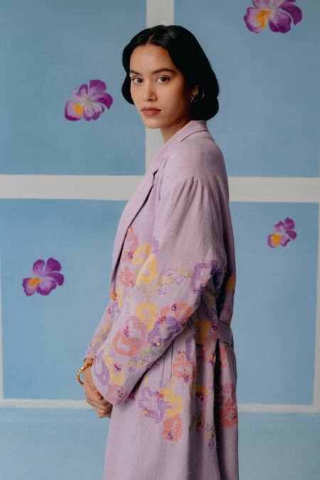 Buy_Uri By Mrunalini Rao_Purple Cotton Sequins, Beads, Embroidery Floral Trench Coat _Online_at_Aza_Fashions