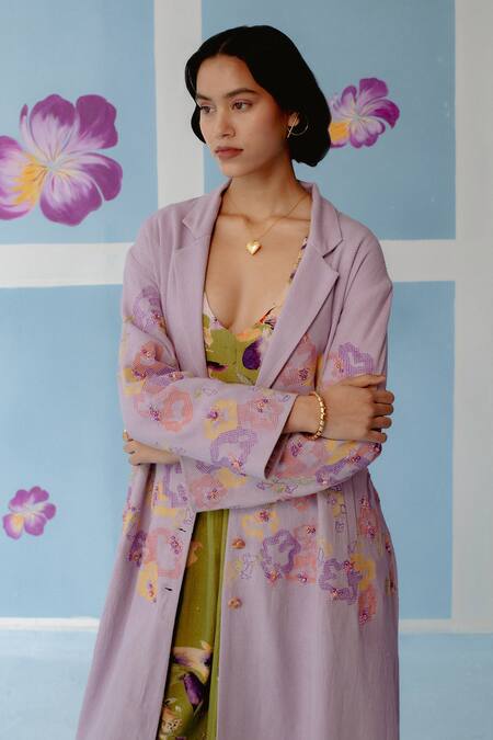 Shop_Uri By Mrunalini Rao_Purple Cotton Sequins, Beads, Embroidery Floral Trench Coat _Online_at_Aza_Fashions