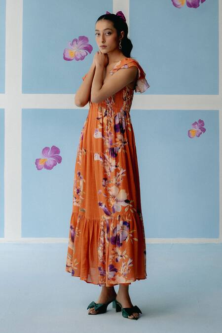 Uri By Mrunalini Rao_Orange Cotton Plunge Neck Floral Blossom Printed Tiered Midi Dress _Online_at_Aza_Fashions