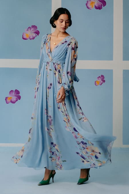 Uri By Mrunalini Rao_Blue Georgette V-neck Floral Blossom Printed Maxi Dress _Online_at_Aza_Fashions