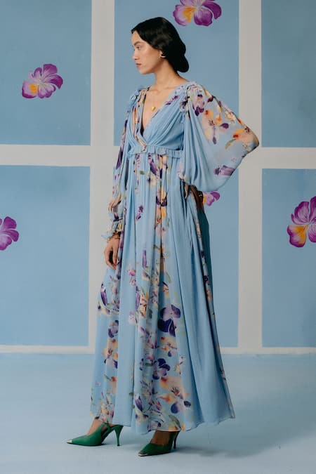 Buy_Uri By Mrunalini Rao_Blue Georgette V-neck Floral Blossom Printed Maxi Dress _Online_at_Aza_Fashions