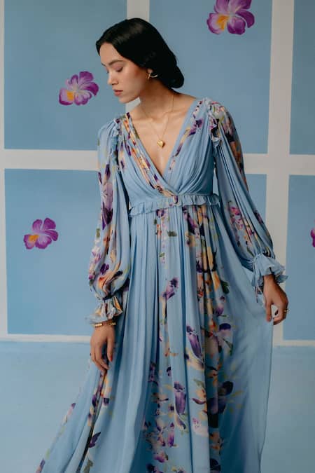 Shop_Uri By Mrunalini Rao_Blue Georgette V-neck Floral Blossom Printed Maxi Dress _Online_at_Aza_Fashions