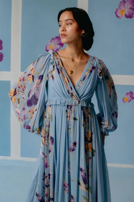 Uri By Mrunalini Rao_Blue Georgette V-neck Floral Blossom Printed Maxi Dress _at_Aza_Fashions