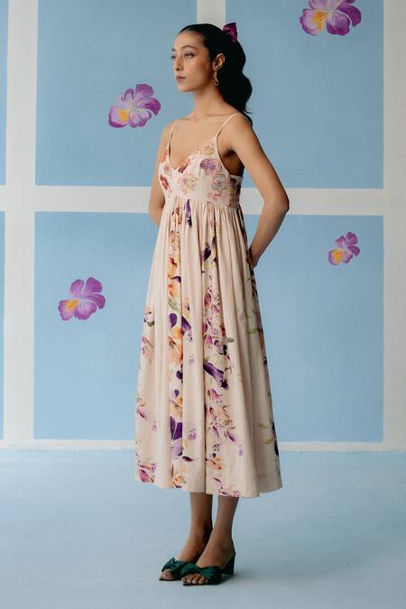 Uri By Mrunalini Rao_Off White Cotton Beads, Embroidery V-neck Blossom Print Strappy Midi Dress _Online_at_Aza_Fashions