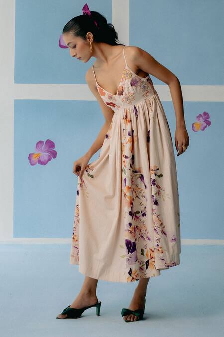 Buy_Uri By Mrunalini Rao_Off White Cotton Beads, Embroidery V-neck Blossom Print Strappy Midi Dress _Online_at_Aza_Fashions