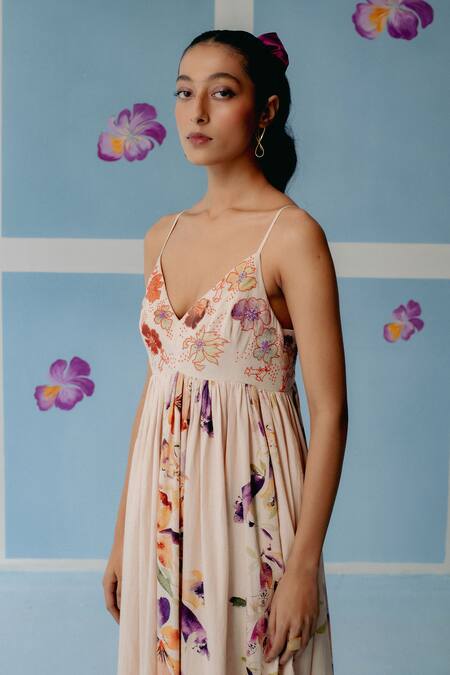 Shop_Uri By Mrunalini Rao_Off White Cotton Beads, Embroidery V-neck Blossom Print Strappy Midi Dress _Online_at_Aza_Fashions