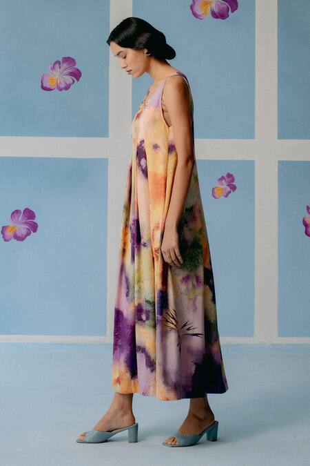 Uri By Mrunalini Rao_Multi Color Cotton Round Neck Multicolor Abstract Print Maxi Dress _Online_at_Aza_Fashions