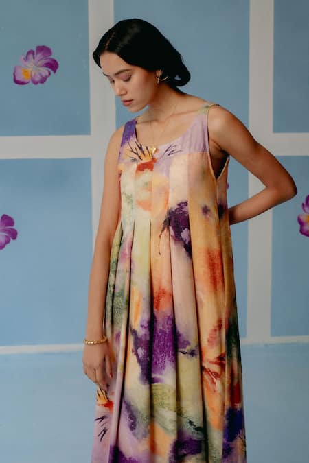 Shop_Uri By Mrunalini Rao_Multi Color Cotton Round Neck Multicolor Abstract Print Maxi Dress _Online_at_Aza_Fashions