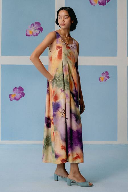 Uri By Mrunalini Rao_Multi Color Cotton Round Neck Multicolor Abstract Print Maxi Dress _at_Aza_Fashions