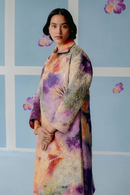 Uri By Mrunalini Rao_Multi Color Cotton Multicolor Abstract Print Trench Coat _Online_at_Aza_Fashions