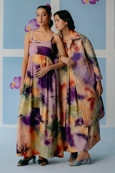 Buy_Uri By Mrunalini Rao_Multi Color Cotton Multicolor Abstract Print Trench Coat _Online_at_Aza_Fashions