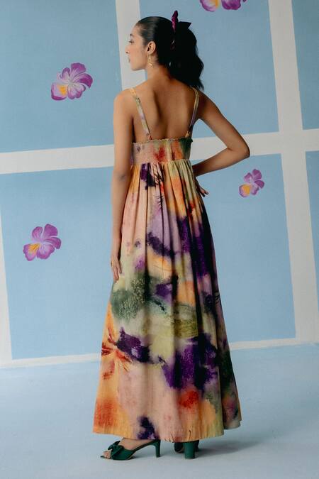 Shop Uri By Mrunalini Rao Multi Color Cotton Square Neck Multicolor Abstract Print Maxi Dress at Aza Fashions Shop_Uri By Mrunalini Rao_Multi Color Cotton Square Neck Multicolor Abstract Print Maxi Dress_at_Aza_Fashions