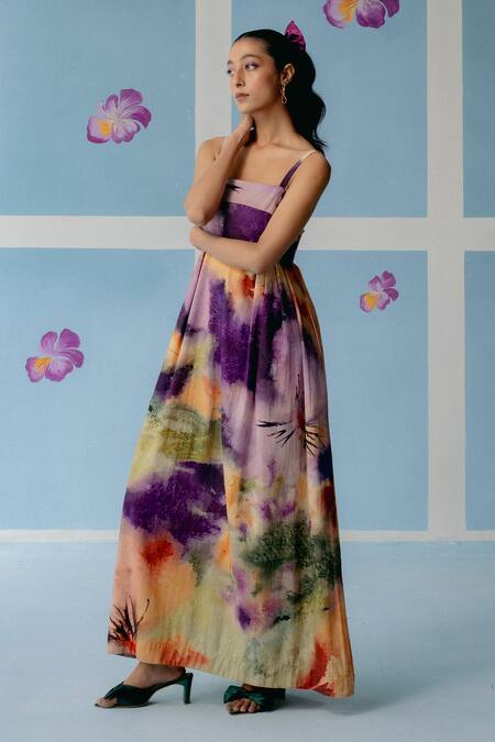 Shop Uri By Mrunalini Rao Multi Color Cotton Square Neck Multicolor Abstract Print Maxi Dress Online at Aza Fashions Shop_Uri By Mrunalini Rao_Multi Color Cotton Square Neck Multicolor Abstract Print Maxi Dress_Online_at_Aza_Fashions