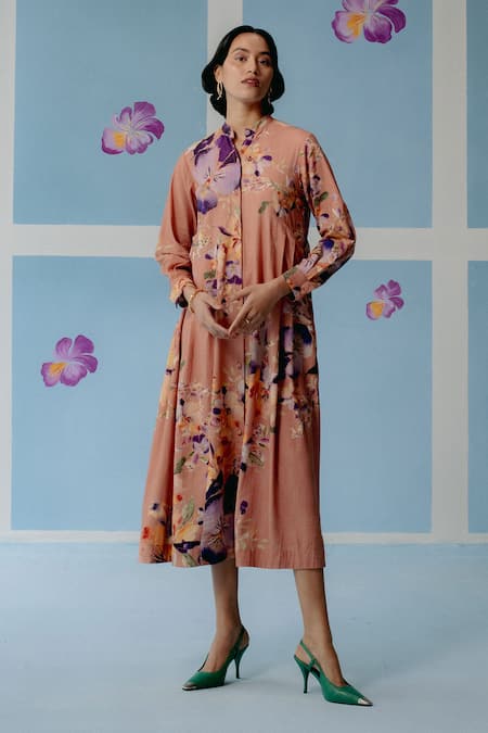Uri By Mrunalini Rao_Brown Cotton Embroidery Mandarin Collar Floral Print Midi Dress _Online_at_Aza_Fashions