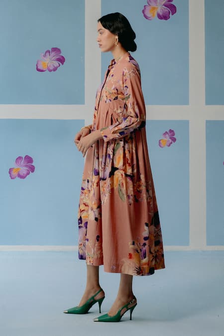 Buy_Uri By Mrunalini Rao_Brown Cotton Embroidery Mandarin Collar Floral Print Midi Dress _Online_at_Aza_Fashions