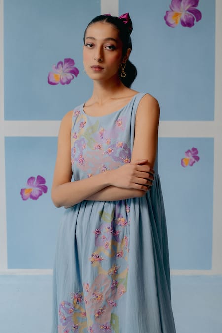 Uri By Mrunalini Rao_Blue Cotton Sequins, Beads, Embroidery Round Neck Powder Floral Midi Dress _Online_at_Aza_Fashions