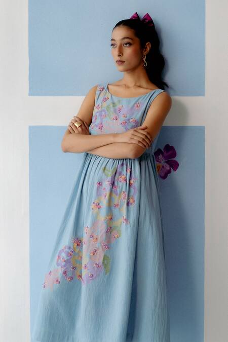 Buy_Uri By Mrunalini Rao_Blue Cotton Sequins, Beads, Embroidery Round Neck Powder Floral Midi Dress _Online_at_Aza_Fashions