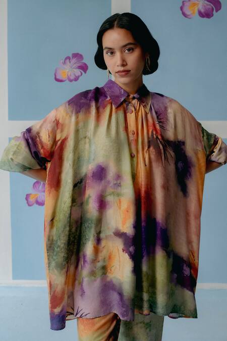 Uri By Mrunalini Rao_Multi Color Silk Embroidery Collared Multicolor Abstract Print Shirt And Pant Set _Online_at_Aza_Fashions